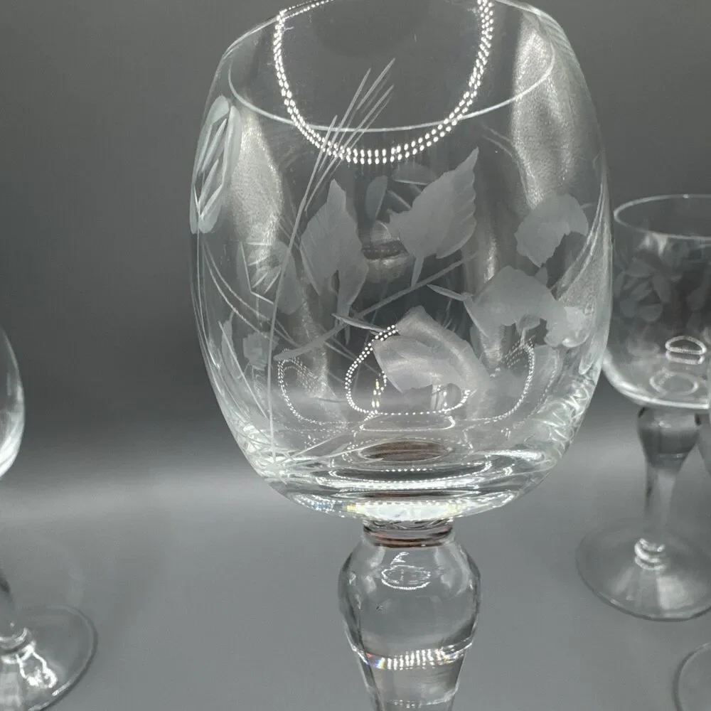 Vintage Etched Rose Crystal Long Stem Wine Glasses Set Of 5, 6.5”